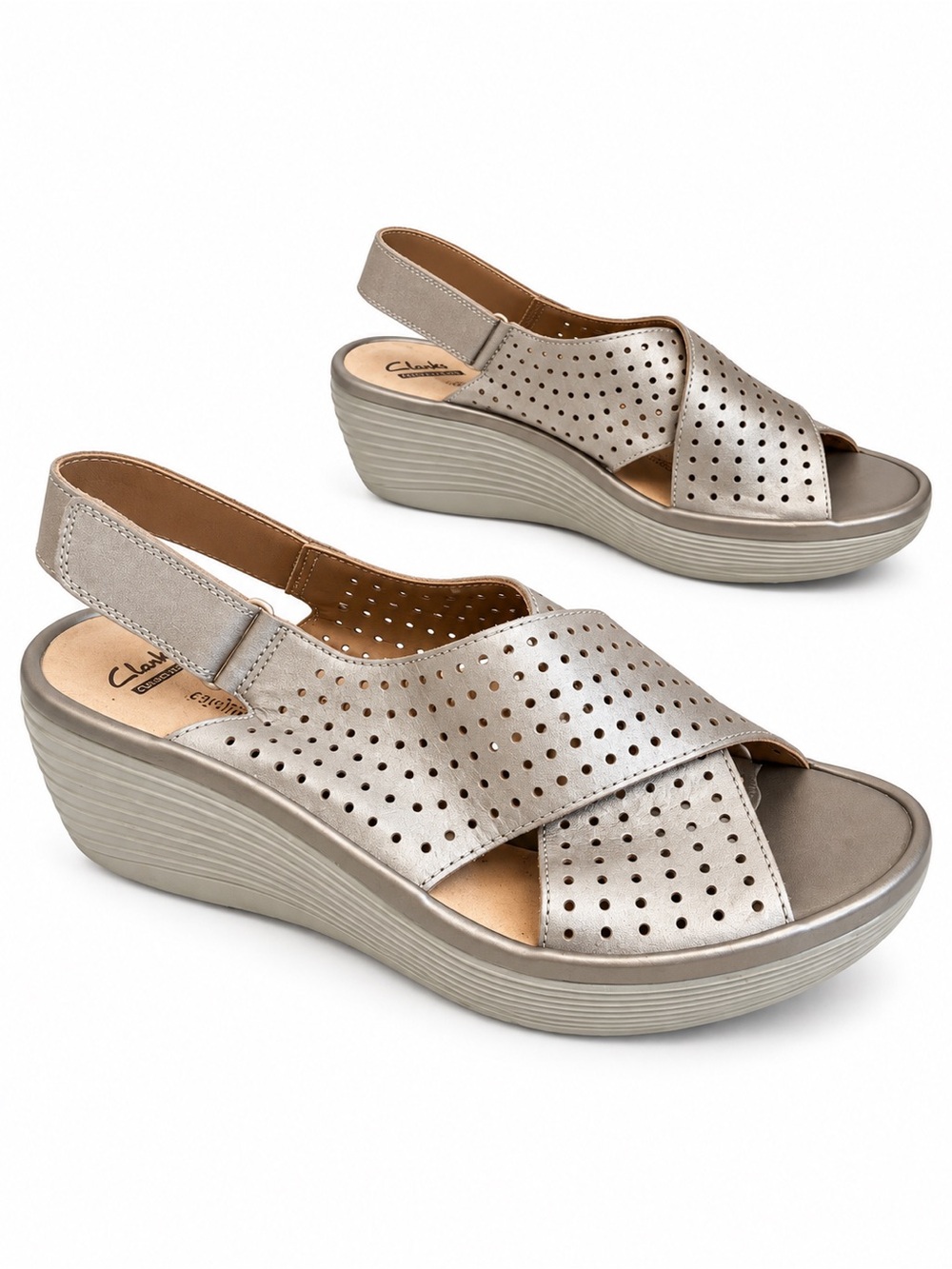 Clarks 9.5 Reedly wedge sandals metallic taupe perforated crisscross straps luxe